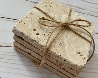 Unsealed Thirsty Travertine Coasters Set of Four - Cork Backed Raw Stone with or without holder