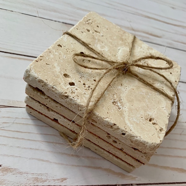 Unsealed Thirsty Travertine Coasters Set of Four - Cork Backed Raw Stone with or without holder