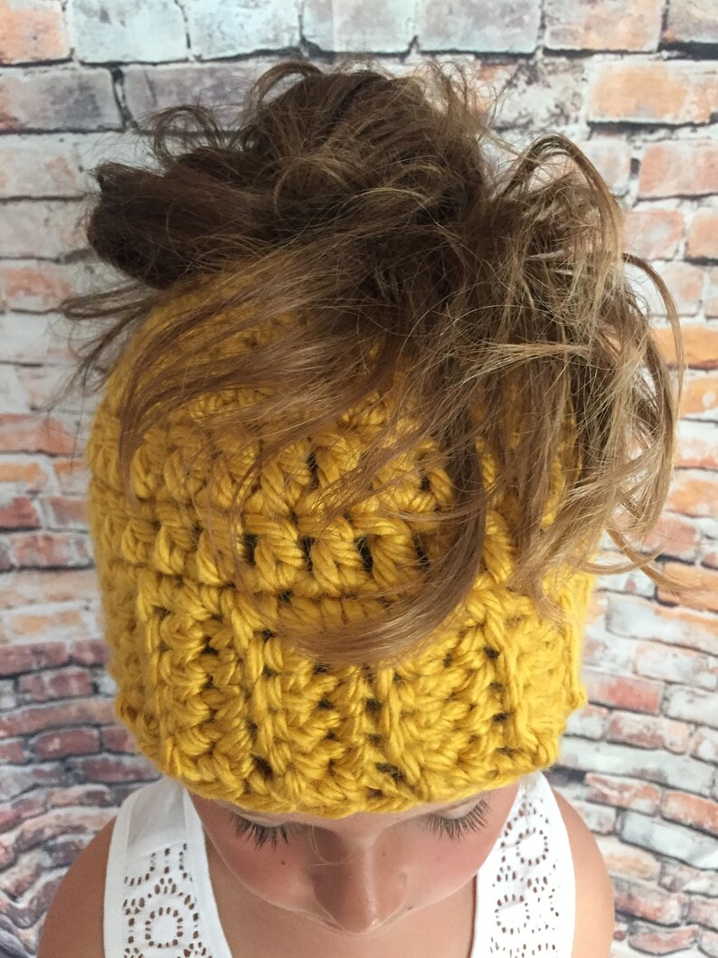 Infinity Scarf Set Messy Bun Beanie Mustard