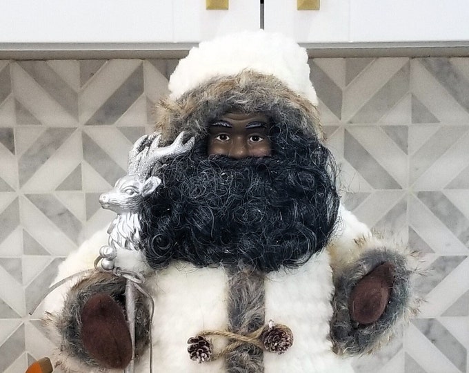 Black Santa Christmas Tree Topper Figure Doll Ivory Faux Fur Deer Staff
