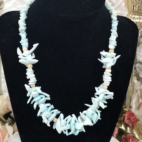 Vintage Blue Puka Seashell Necklace Beaded Wood