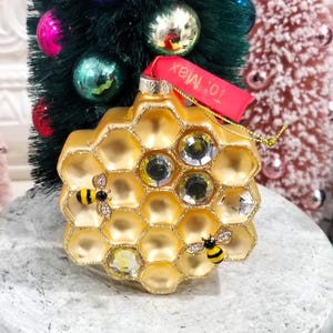 Jeweled Glass Honeycomb Christmas Ornament - Rhinestone Enamel Bee Personalized Gift