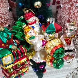 8 Vintage Blown Mercury Glass Christmas Ornaments - Tree Cat Snowman Angel House