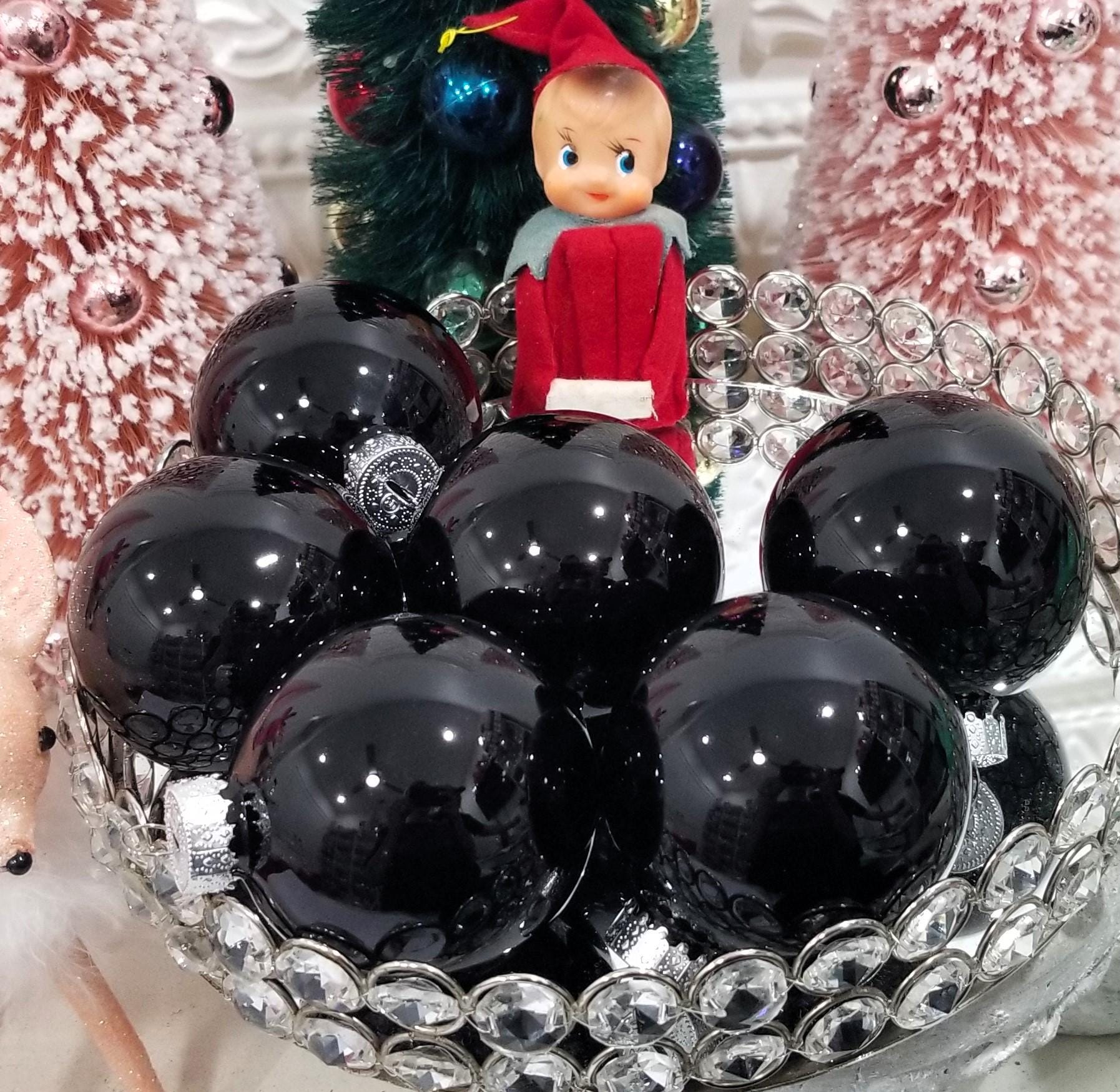 Shiny Black Glass Christmas Ornament Balls - Farmhouse