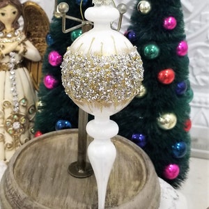 White Blown Glass Jeweled Finial Christmas Ornament - Beaded Sequins