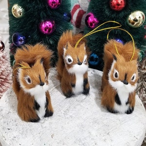 3 Cute Faux Fur Woodland Squirrel Christmas Ornaments