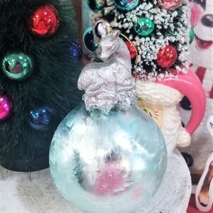 7&quot; Mercury Glass Aqua Deer Atop Christmas Ornament Ball