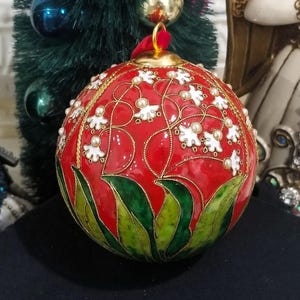 Vintage Cloisonné Enamel Floral Christmas Ornament Balls Leaves Pearls - Red & Green