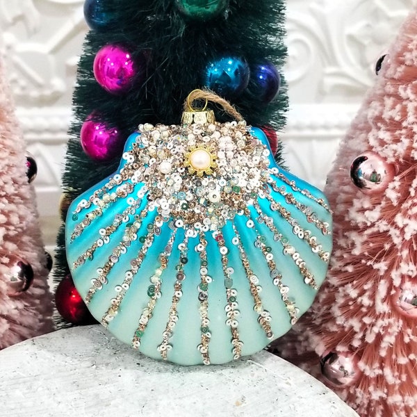 Jeweled Seashell Christmas Ornament Blue Embellished Sequins Pearls