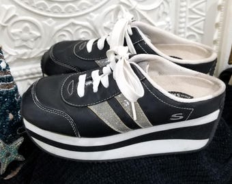 Sketchers Vintage Platform Slip-On Sneakers Y2K Black White Chunky Mule Shoes