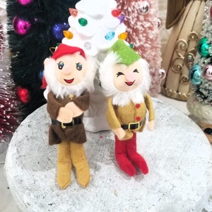 Vintage Felt Pixie Elf Dwarf Christmas Ornaments Poseable