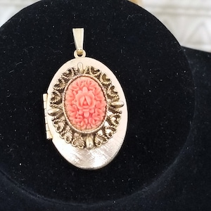 Vintage Molded Coral Cameo Roses Celluloid Locket Pendant