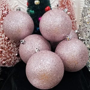 6 Blush Pink Large Glitter Christmas Ornament Balls - Shabby Pastel Blush Pink