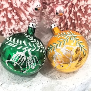 Antique Poland Glass BELLS Stenciled Christmas Ornaments - Leaves