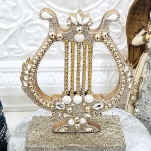 Embellished Bling HARP Christmas Figurine - Rhinestones Glitter