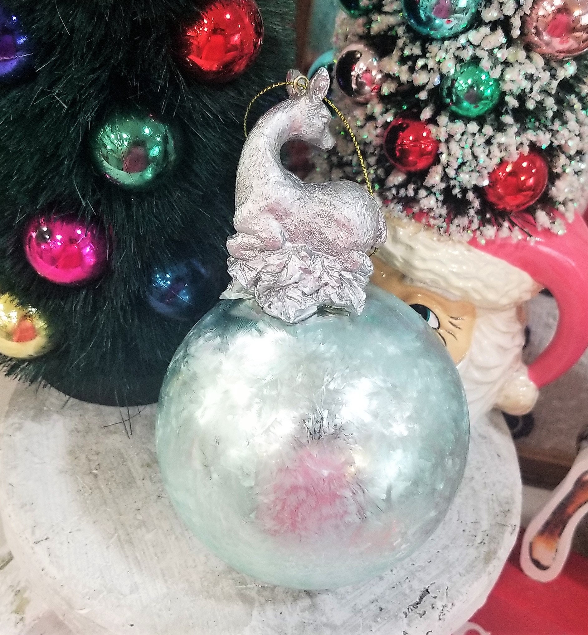 7" Mercury Glass Aqua Deer Atop Christmas Ornament Ball - Etsy