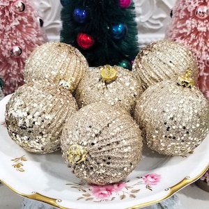 Champagne Gold Sparkly Glitter Foil Christmas Ornaments
