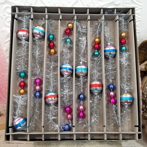 Shiny Brite Tinsel Garland Beaded Mercury Glass Ornaments Stripe Multi 7 FT - Christopher Radko