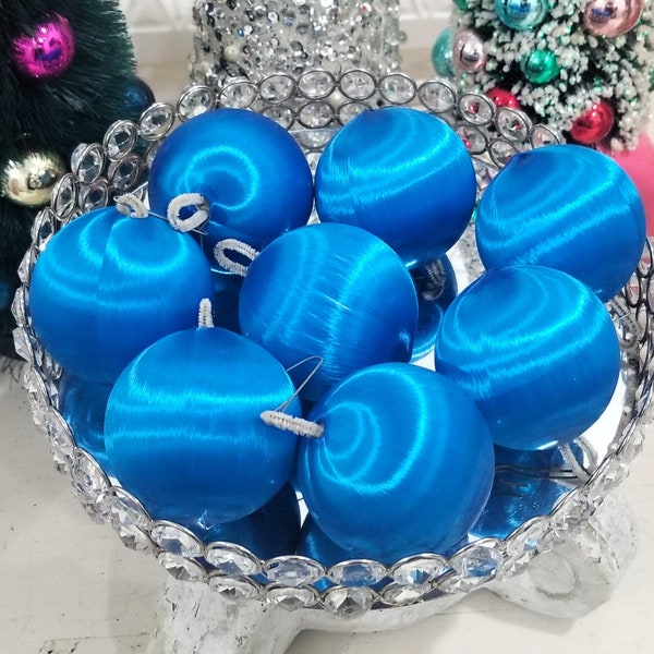 8 Vintage Blue Satin Christmas Ornament Balls 2.25"