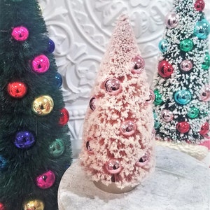 8&quot; Vintage Style Pink Bottle Brush Christmas Tree Flocked With Ornaments