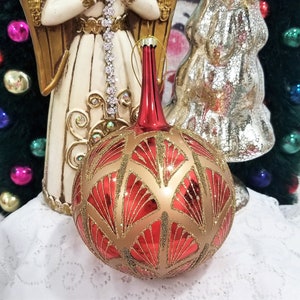 Large Gold Glitter Red Fan Glass Round Teardrop Christmas Ornaments 7"
