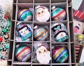 9 Figural Shiny Brite Vintage Style Santa Frosty Round Striped Christmas Ornaments - Christopher Radko NIB
