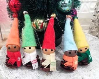 5 Vintage Style Pine Cone Gnome Christmas Ornaments Elf Dwarf