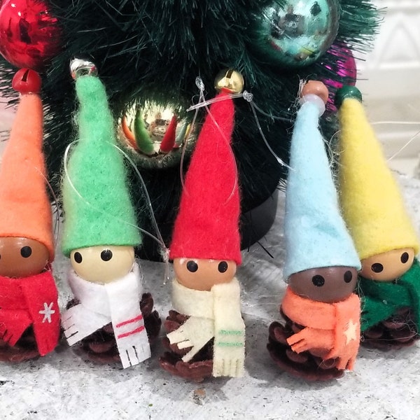 5 Vintage Style Pine Cone Gnome Christmas Ornaments Elf Dwarf