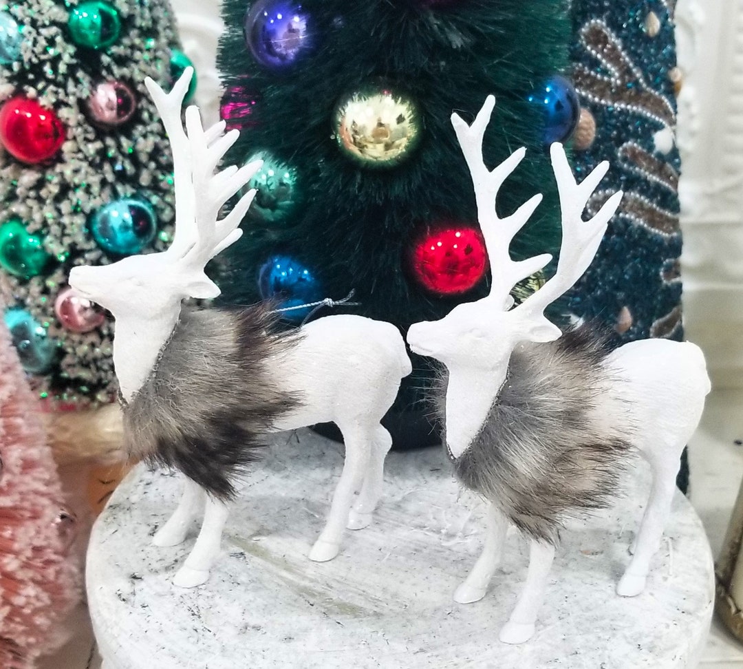 White Deer Christmas Ornaments Faux Fur Woodland Glitter Etsy