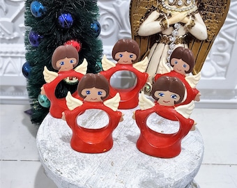 5 Vintage Ceramic Angel Christmas Napkin Rings Holders