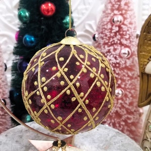 Vintage Red Glass Gold Glitter Kugel Christmas Ornament 4&quot; Flower Regal