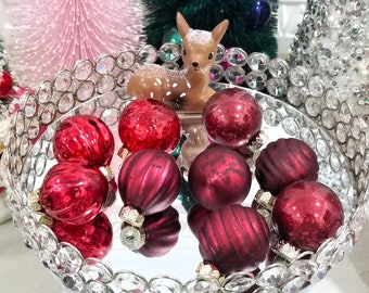 9 Red Glass Feather Christmas Tree Ornaments - Teardrop Mercury Glass