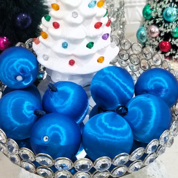 8 Vintage Blue Satin Christmas Ornament Balls 2"