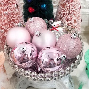 6 Pretty Pink Christmas Ornament Balls - Satin Glitter Shiny