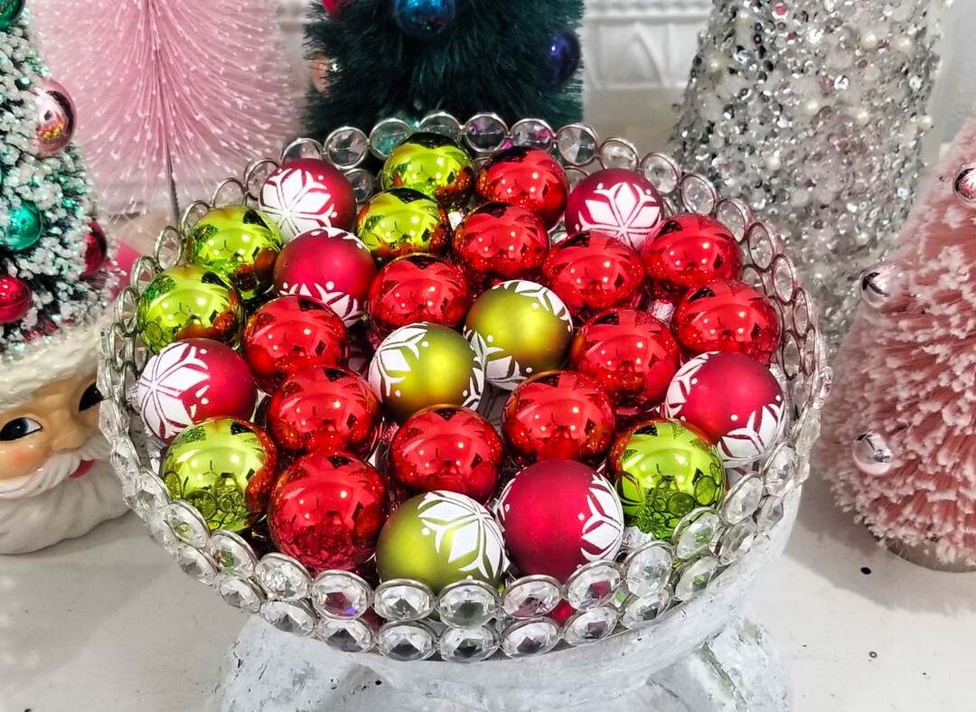 27 Red & Lime Green Glass Christmas Ornaments Feather Tree Snowflakes