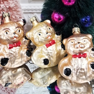 3 Cute Vintage Teddy Bear Glass Christmas Ornaments - West Germany