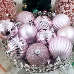10 Pretty Pink Christmas Ornament Balls - Satin Glitter Shiny
