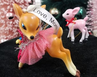 Deer Figure Ornament Pink Christmas Resin - Personalized Gift Kitschy
