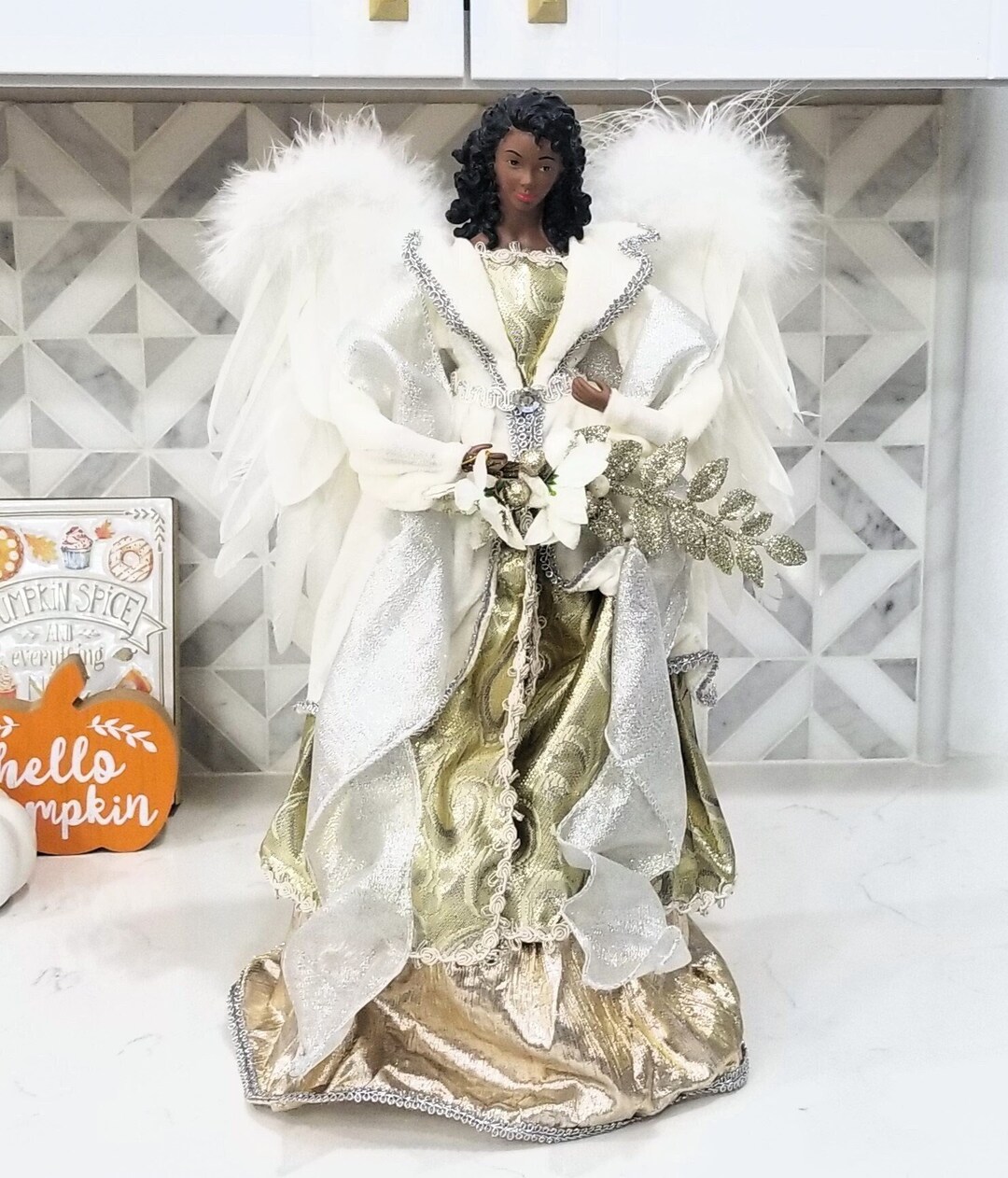 Black Angel Christmas Tree Topper Faux Fur Pink Dress Tabletop Figure