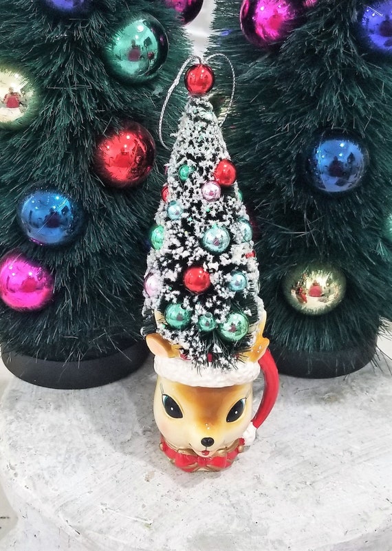 Reindeer Mug Bottle Brush Christmas Tree Ornament - Personalized Gift
