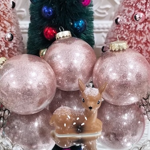 3 Blush Pink Glitter Glass Christmas Ornament Balls - Shabby
