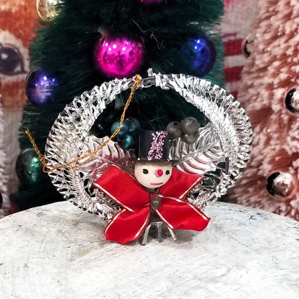 Shiny Brite Spun Cotton Snowman Wire Aluminum Mesh Christmas Ornament Vintage