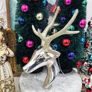 Large Champagne Deer Head Glittered Christmas Ornament
