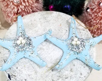 Jeweled Blue Starfish Christmas Ornaments Bling - Rhinestone Pearls Glitter