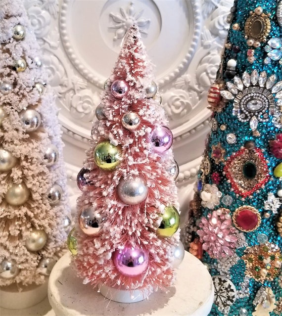 Details about   Flocked Trees Bushes Blue Pink White Christmas Shabby Chic Crystal Bottle Brush 
