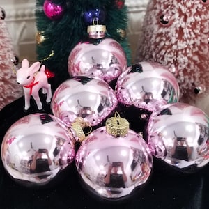 6 Pastel Pink Glass Christmas Ornament Balls
