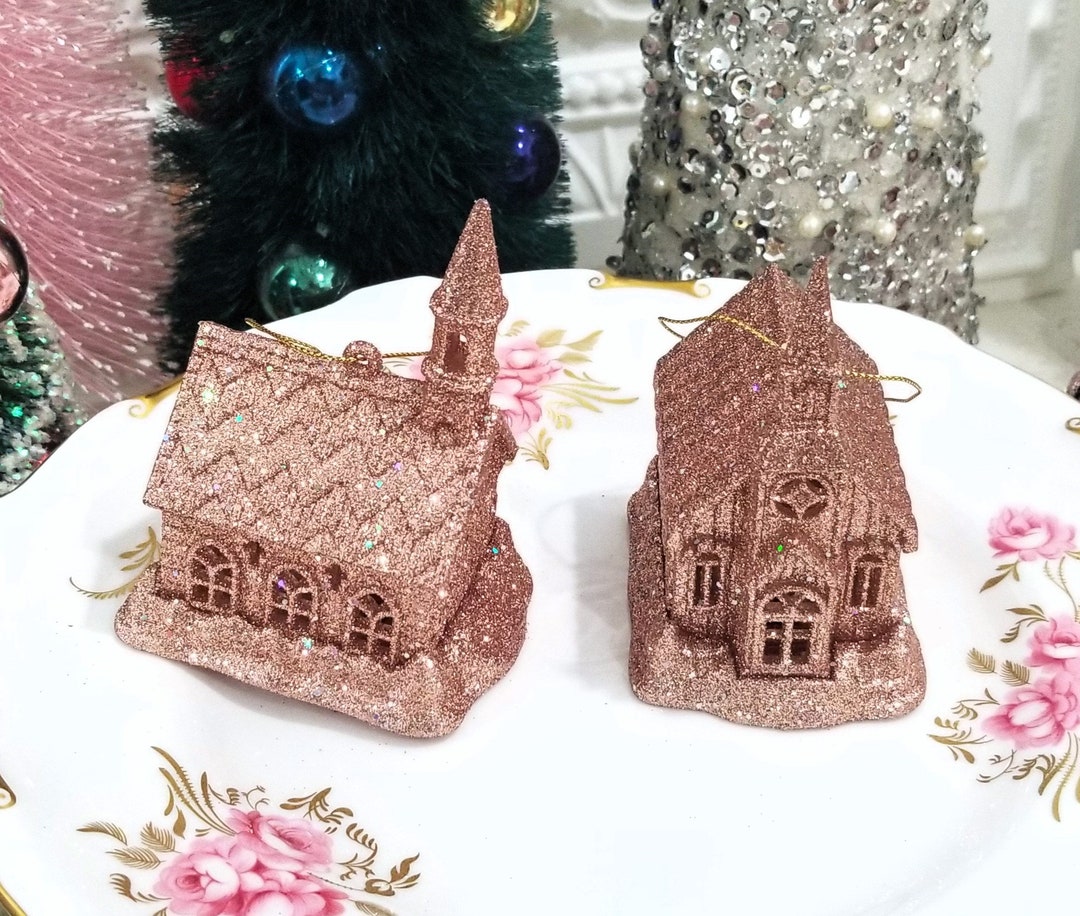 Blush Pink Lighted Church Christmas Ornaments Glitter Shabby Etsy