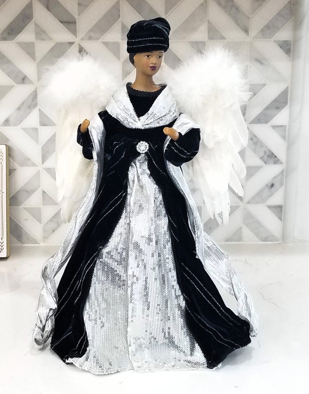 Lovely Black Angel Christmas Tree Topper Fur Feather Wings Black Black Angel Christmas Tree Toppers