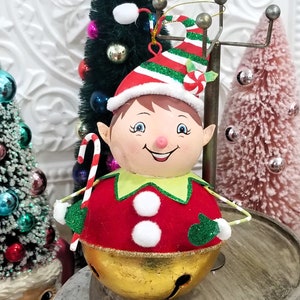 Cute Mache Elf Gold Bell Christmas Ornament Figural - Personalized Gift
