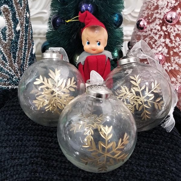 3 Clear Glass Etched Gold Snowflake Kugel Christmas Ornament Balls